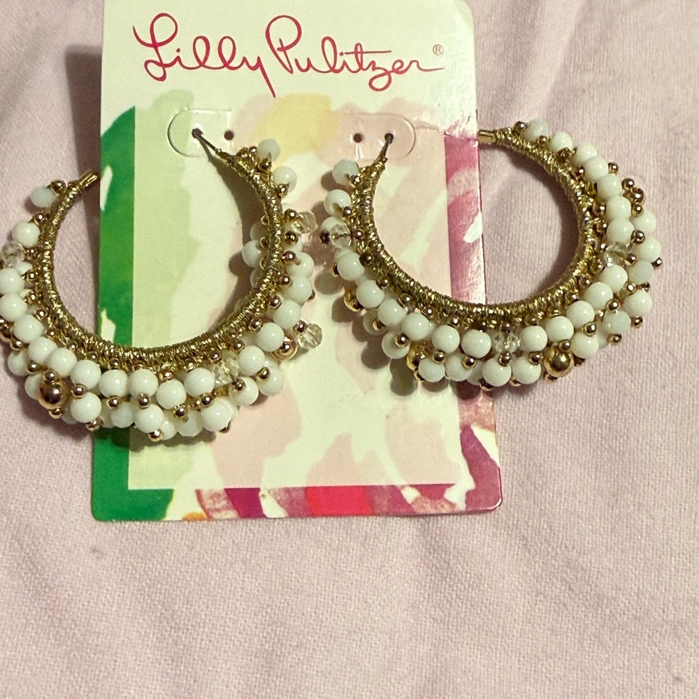 Lilly Pulitzer Gold and Cream (white) Beaded Earrings (hoops)